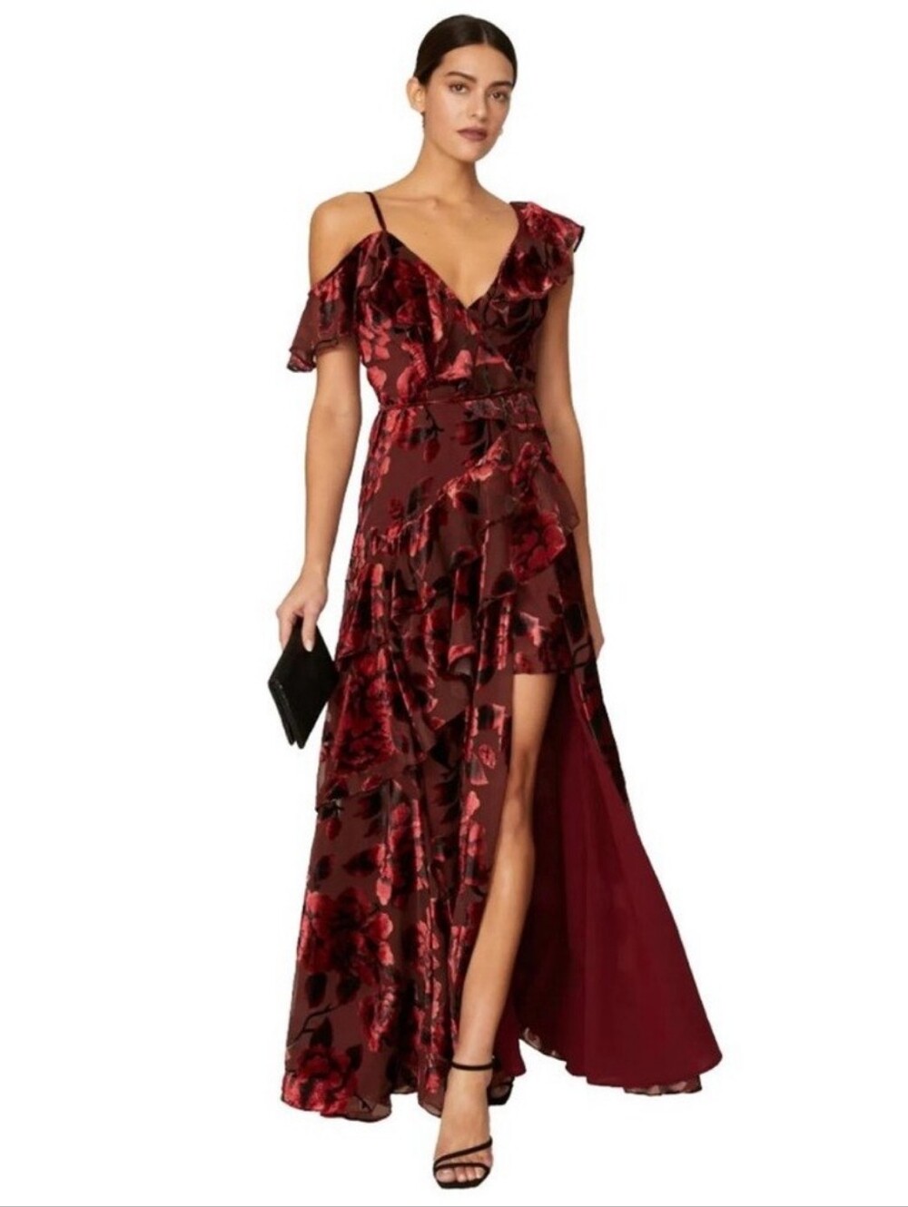 Elegant Women's Red Floral Velvet Evening Dress